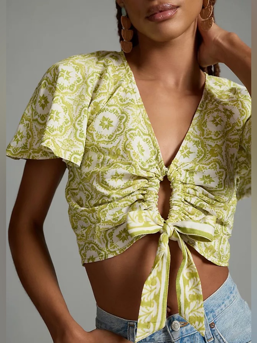 Pilcro Anthropologie Flutter sleeve linen blend cropped top